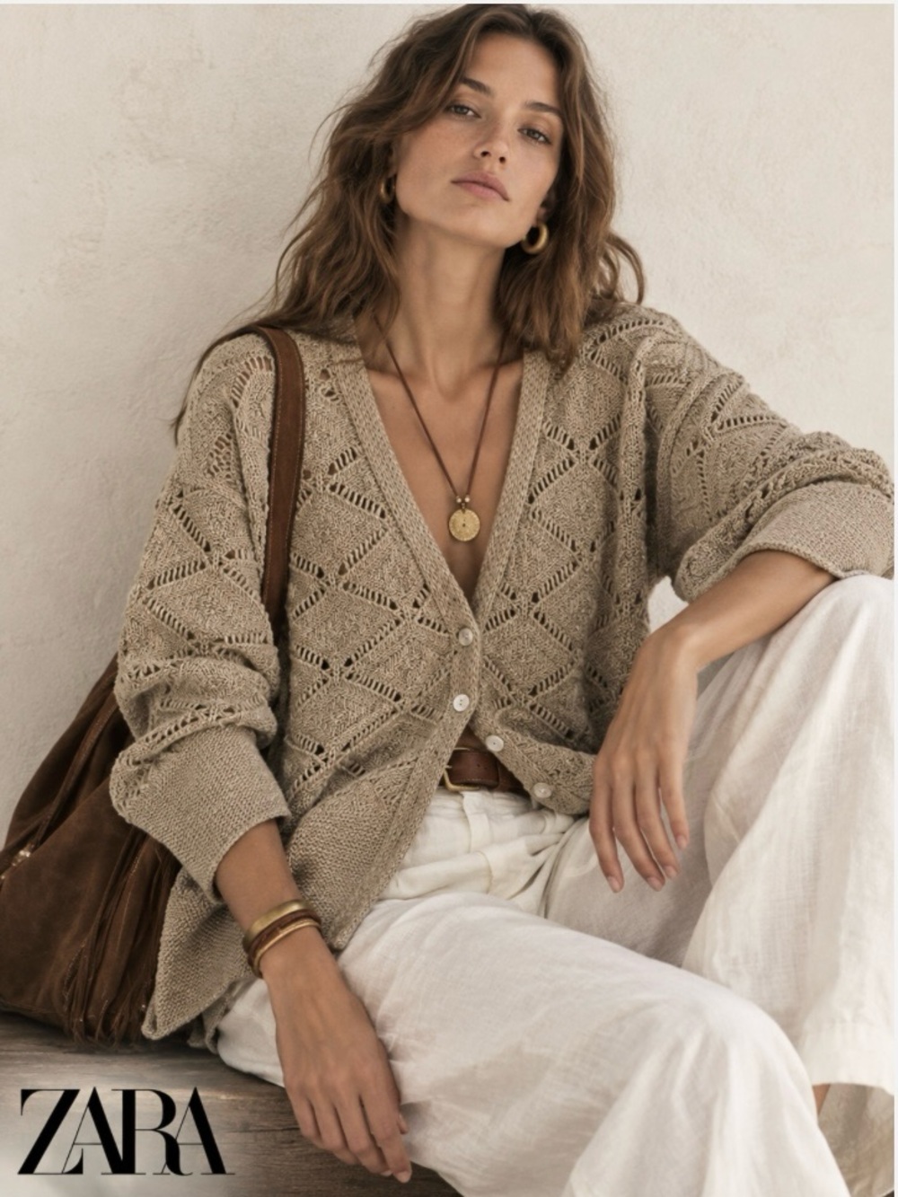 Zara Taupe Open Knit Pointelle Boxy Cardigan Sweater - Small